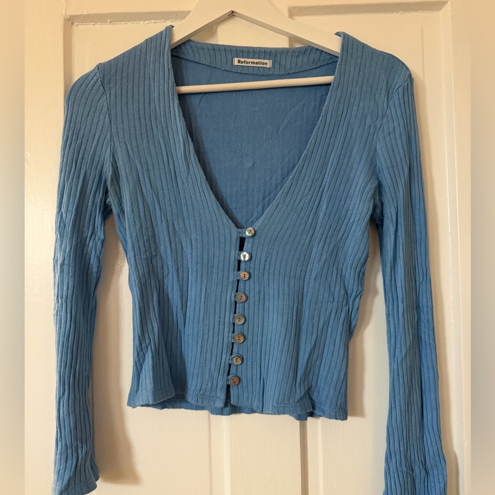 Reformation blue long sleeve button top size S
